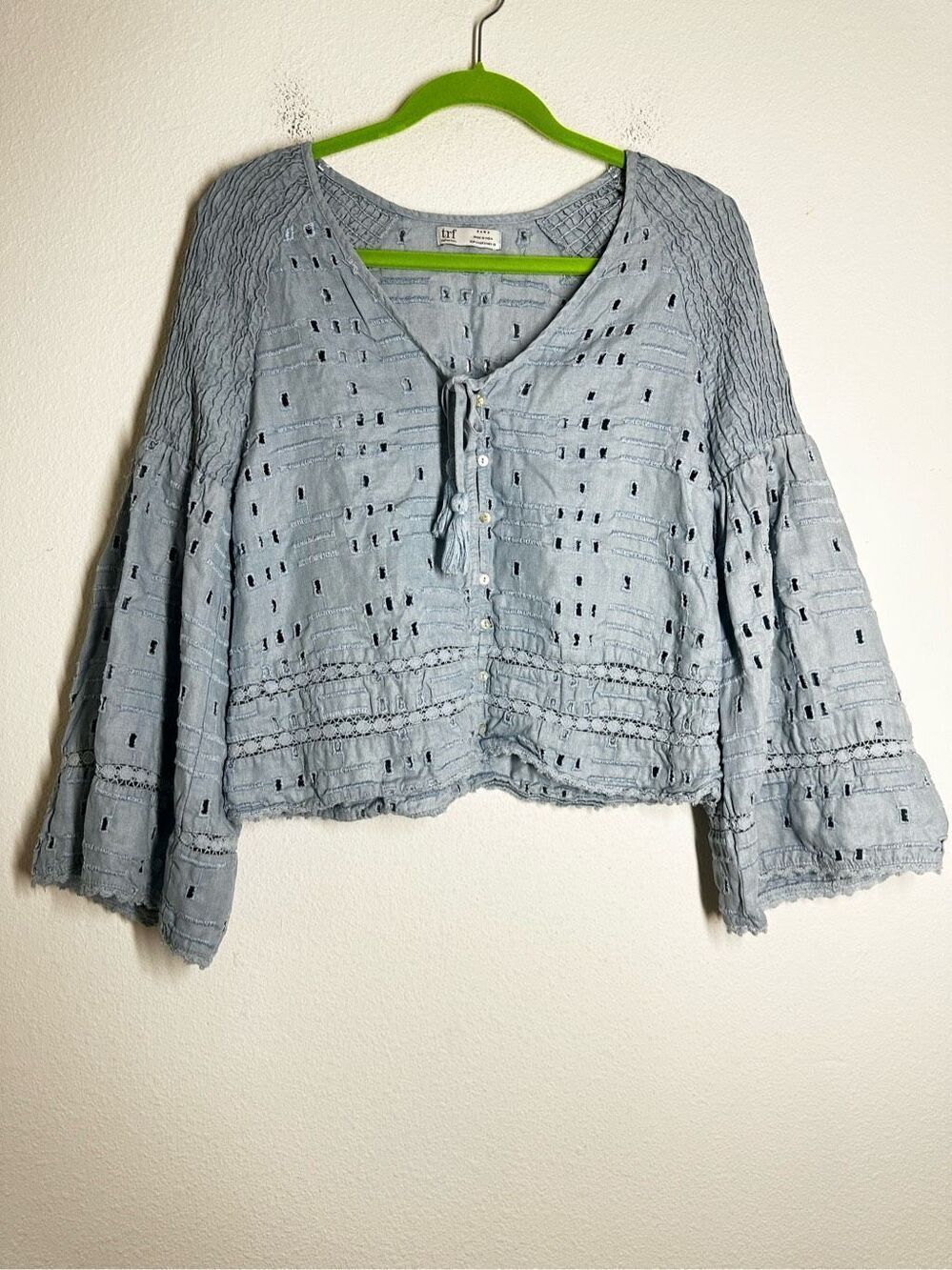 Zara Bohemian Blue Eyelet Tassel Bell Sleeve Button Down Top Size S